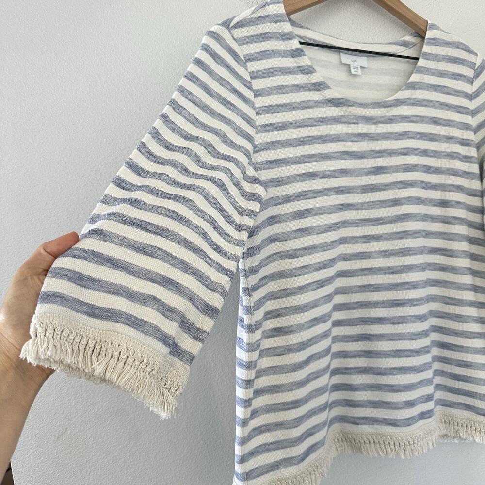 J. Jill Tunic Shirt S White Blue Lagenlook Fringe Hem Stripe Coastal 100% Cotton - Picture 4 of 11
